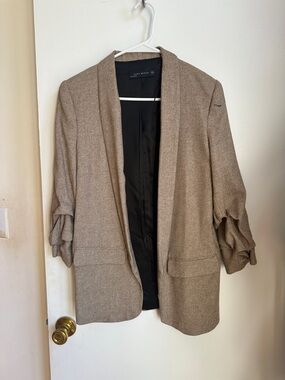 Zara Neutral Taupe Ruched-Sleeve Open Blazer